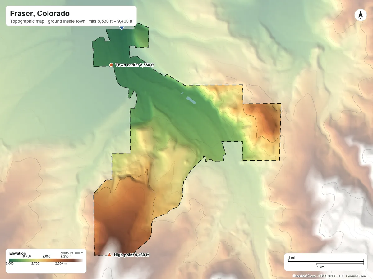 Topographic elevation map of Fraser, Colorado, shaded from 8,530 ft on the north side to 9,460 ft at the foot of the Indian Peaks