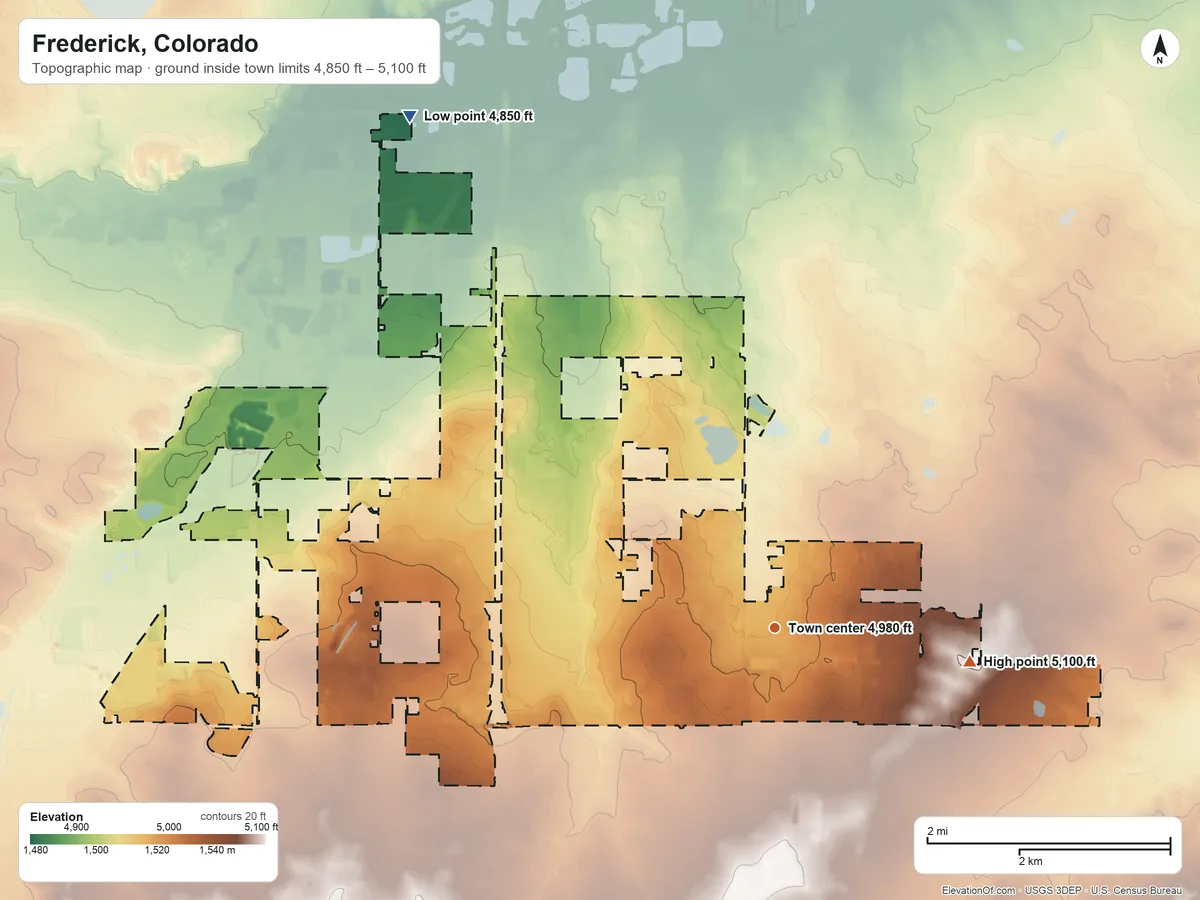 Topographic elevation map of Frederick, Colorado, shaded from 4,850 ft on the northwest side to 5,100 ft on the east side
