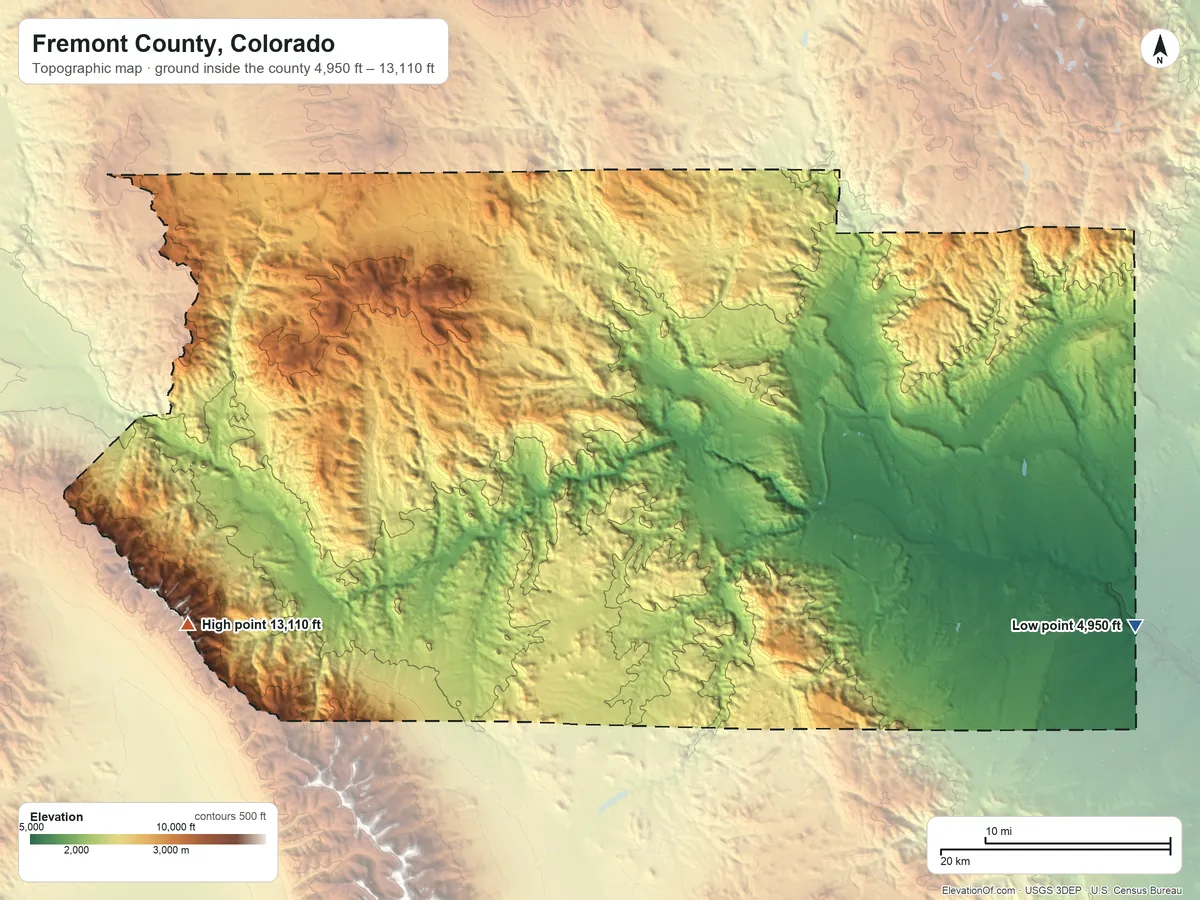 Topographic elevation map of Fremont County, Colorado, shaded from 4,950 ft on the east side to 13,110 ft on Bushnell Peak