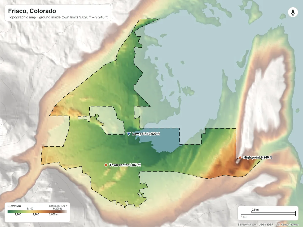 Topographic elevation map of Frisco, Colorado, shaded from 9,020 ft on the northeast side to 9,240 ft at the foot of the Williams Fork Mountains