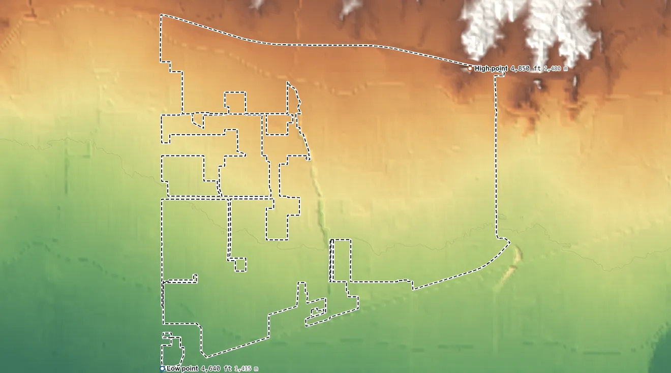 Topographic elevation map of Fruitvale, Colorado, shaded from 4,640 ft on the southwest side to 4,850 ft on the northeast side