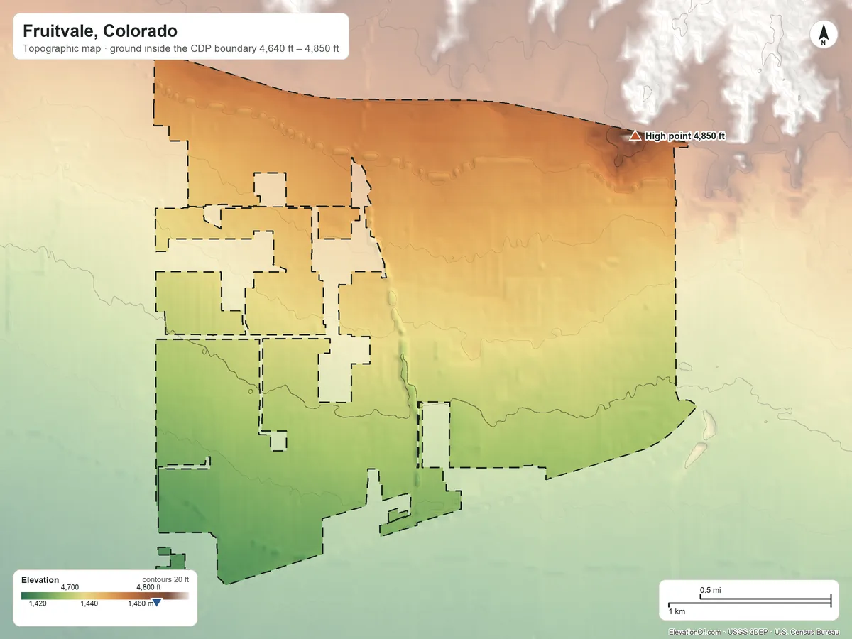 Topographic elevation map of Fruitvale, Colorado, shaded from 4,640 ft on the southwest side to 4,850 ft on the northeast side