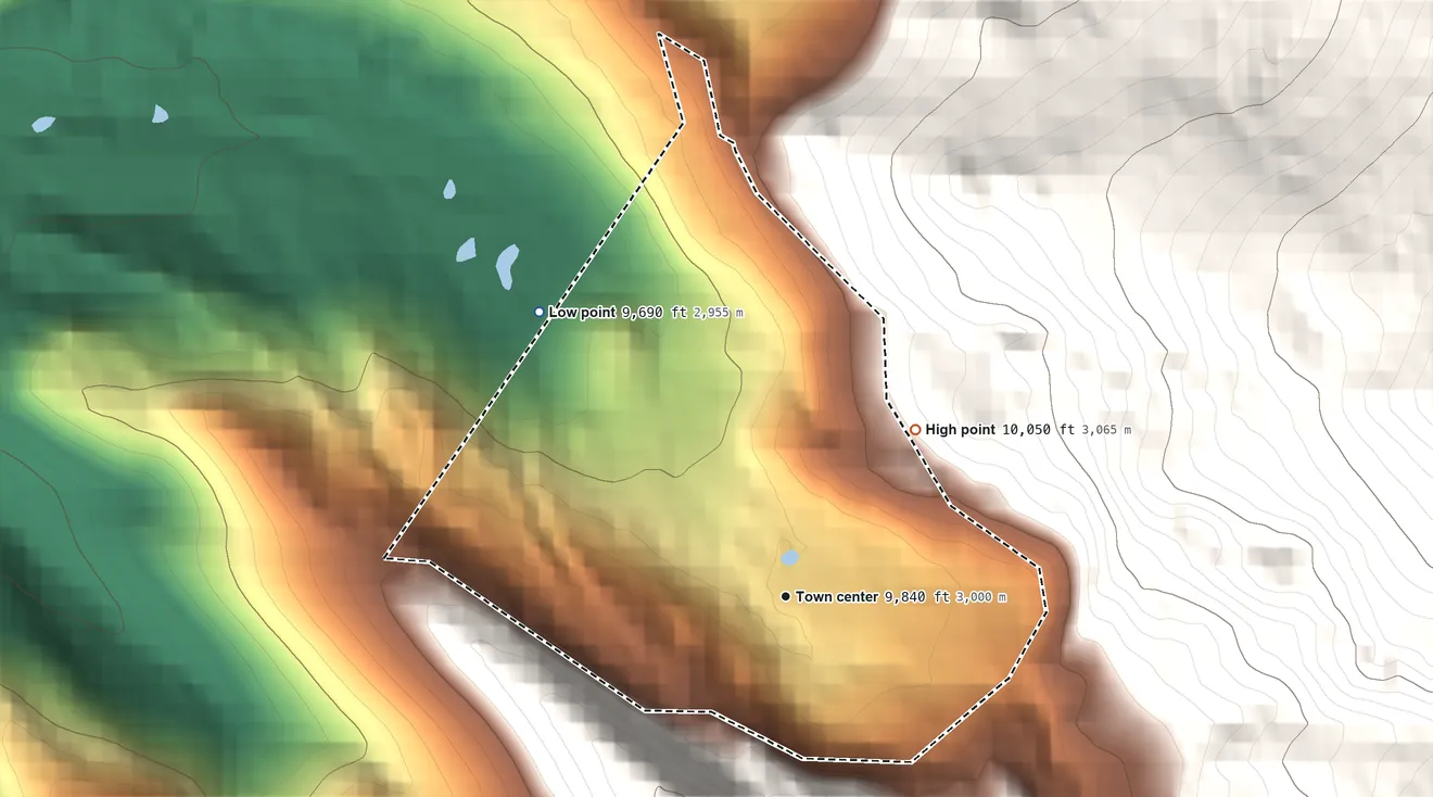 Topographic elevation map of Fulford, Colorado, shaded from 9,690 ft on the northwest side to 10,050 ft on the northeast edge, below higher ground just outside