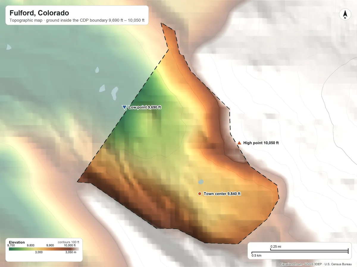 Topographic elevation map of Fulford, Colorado, shaded from 9,690 ft on the northwest side to 10,050 ft on the northeast edge, below higher ground just outside
