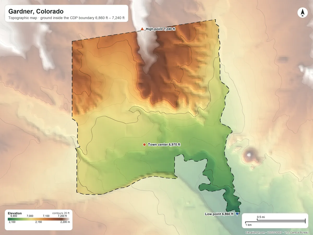 Topographic elevation map of Gardner, Colorado, shaded from 6,860 ft on the southeast side to 7,240 ft on the north side