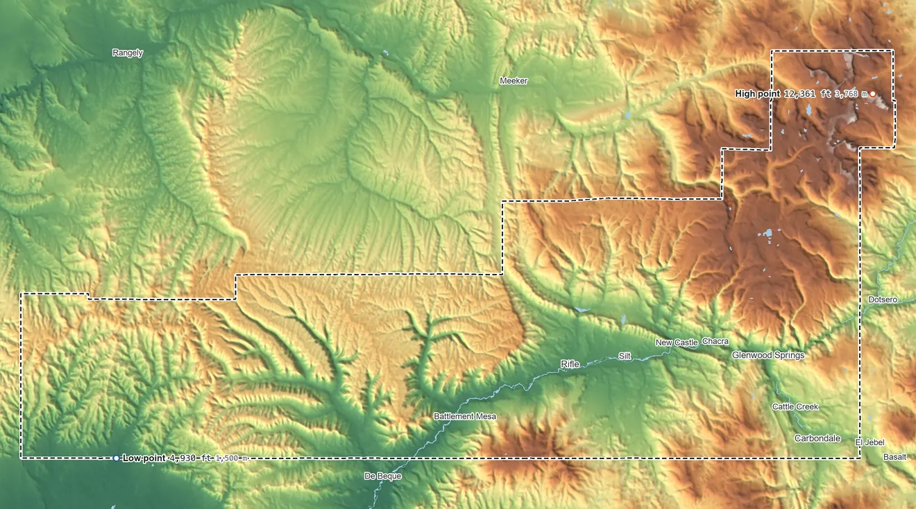 Topographic elevation map of Garfield County, Colorado, shaded from 4,930 ft on the southwest side to 12,361 ft on Flat Top Mountain