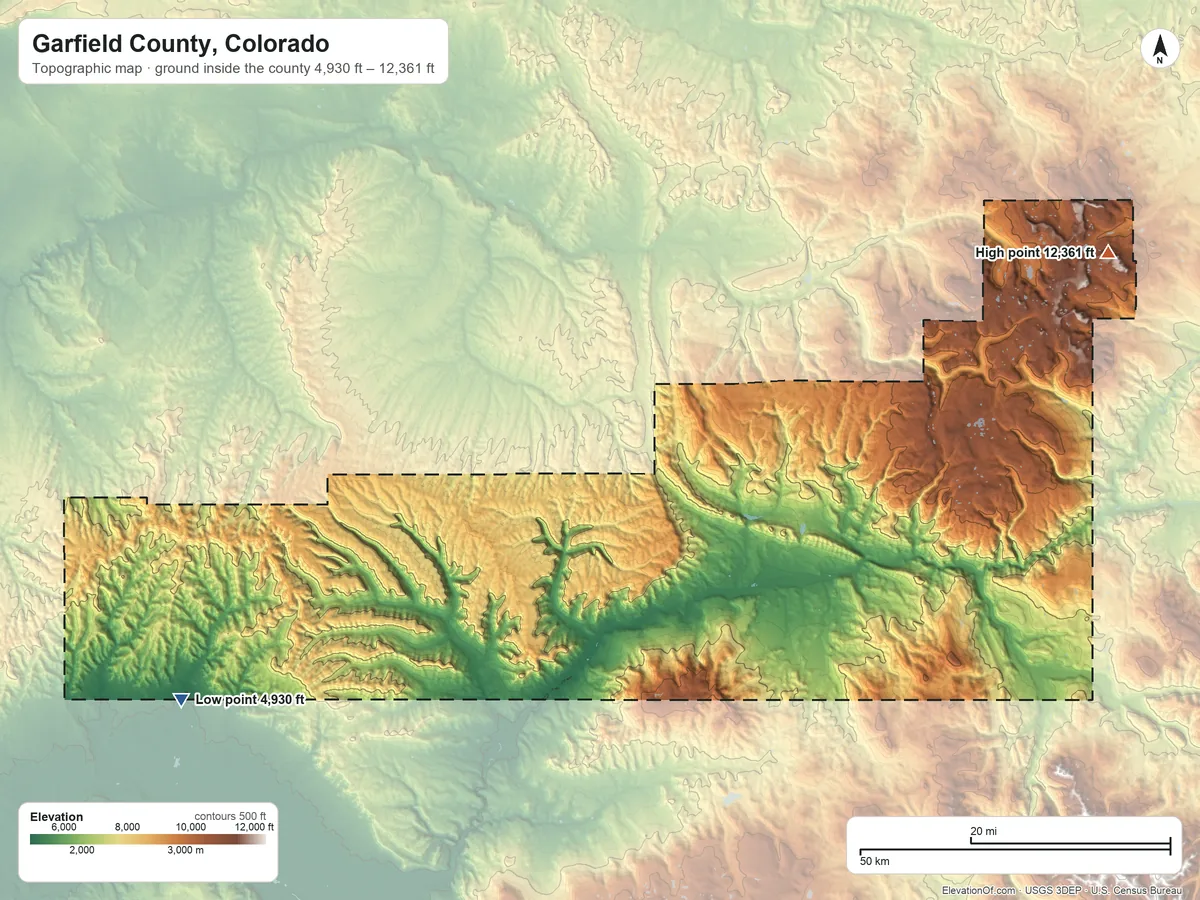Topographic elevation map of Garfield County, Colorado, shaded from 4,930 ft on the southwest side to 12,361 ft on Flat Top Mountain