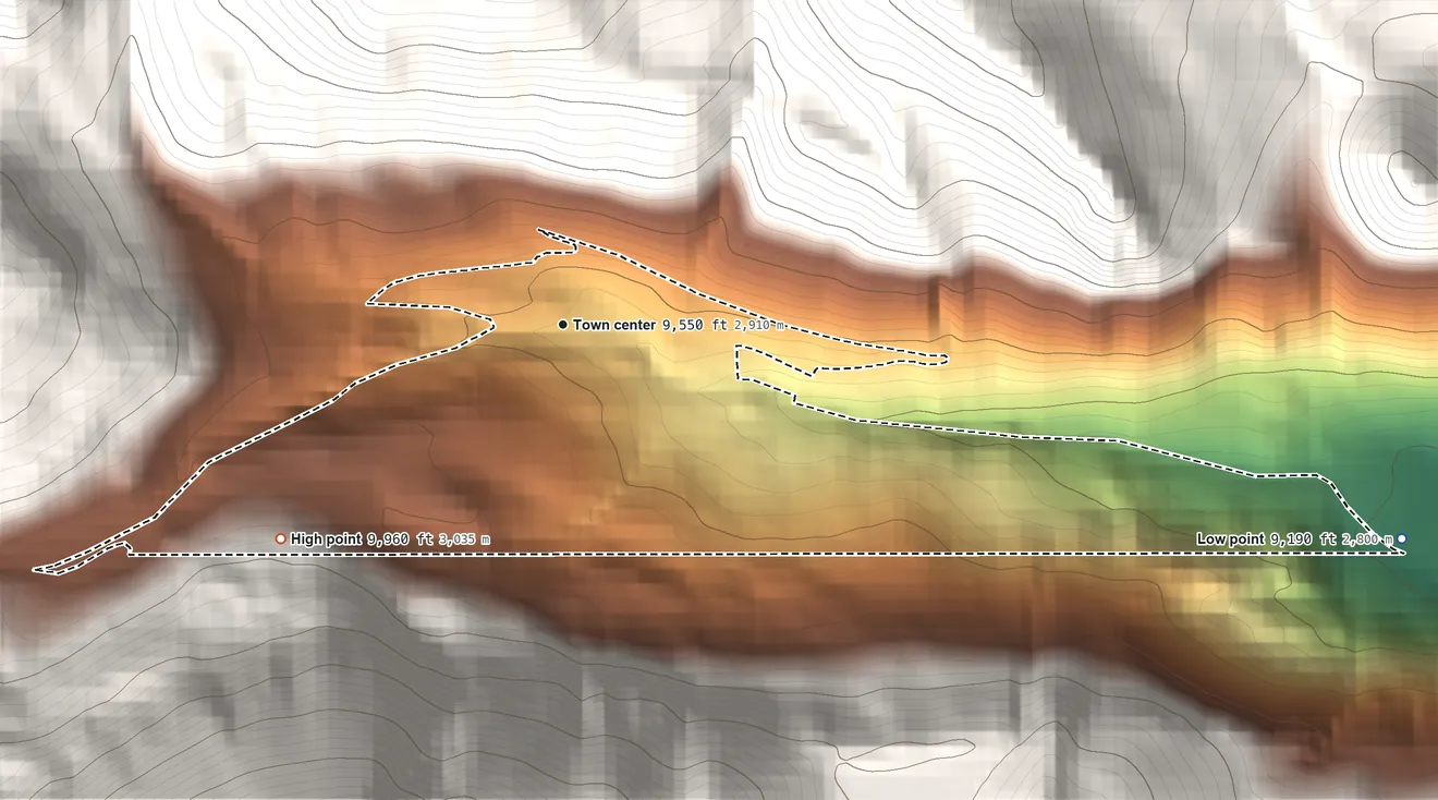 Topographic elevation map of Garfield, Colorado, shaded from 9,190 ft on the east side to 9,960 ft on the southwest edge, below higher ground just outside