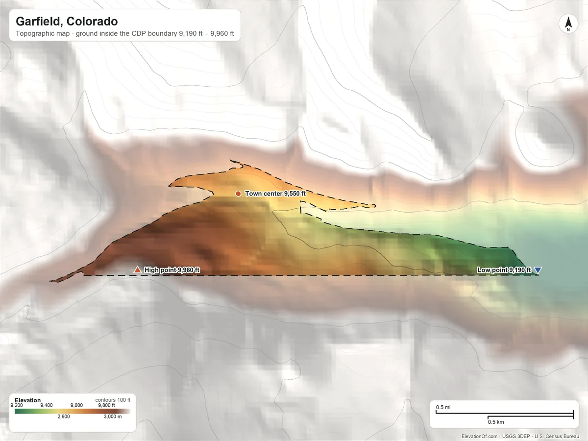 Topographic elevation map of Garfield, Colorado, shaded from 9,190 ft on the east side to 9,960 ft on the southwest edge, below higher ground just outside