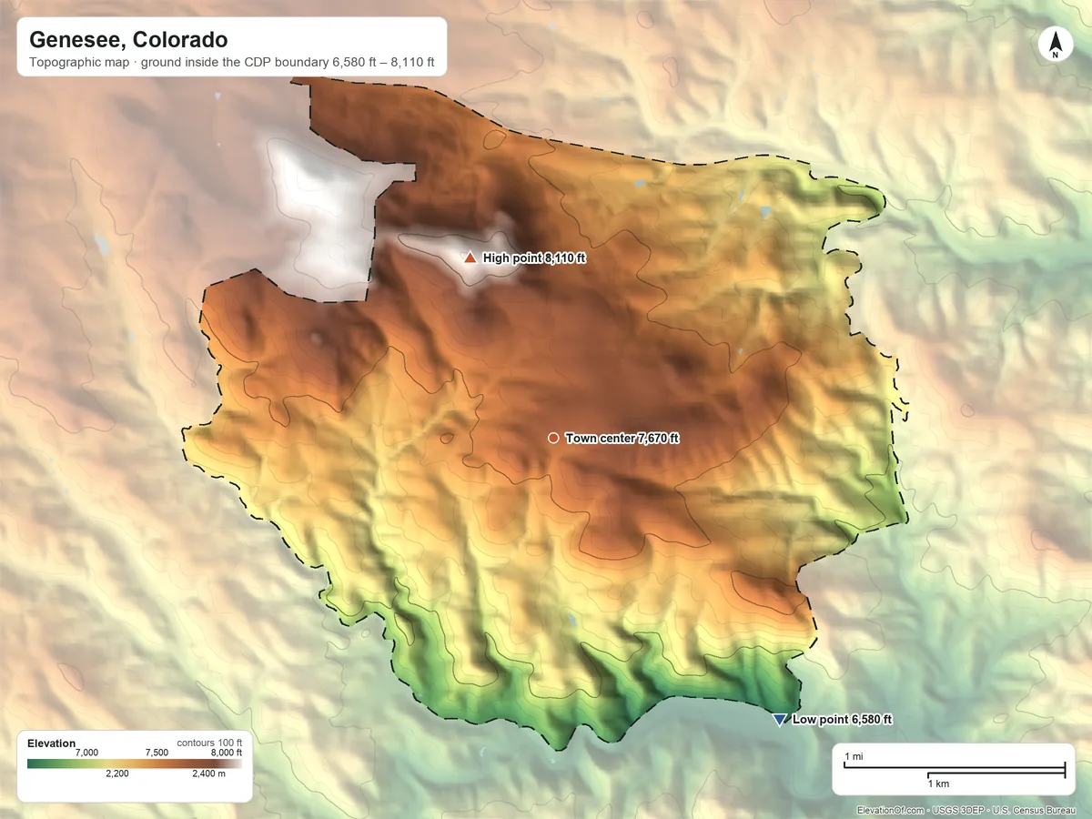 Topographic elevation map of Genesee, Colorado, shaded from 6,580 ft on the southeast side to 8,110 ft on the northwest side