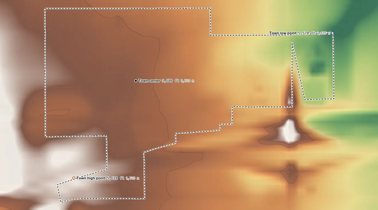 Topographic elevation map of Genoa, Colorado, shaded from 5,570 ft on the east side to 5,610 ft on the southwest side