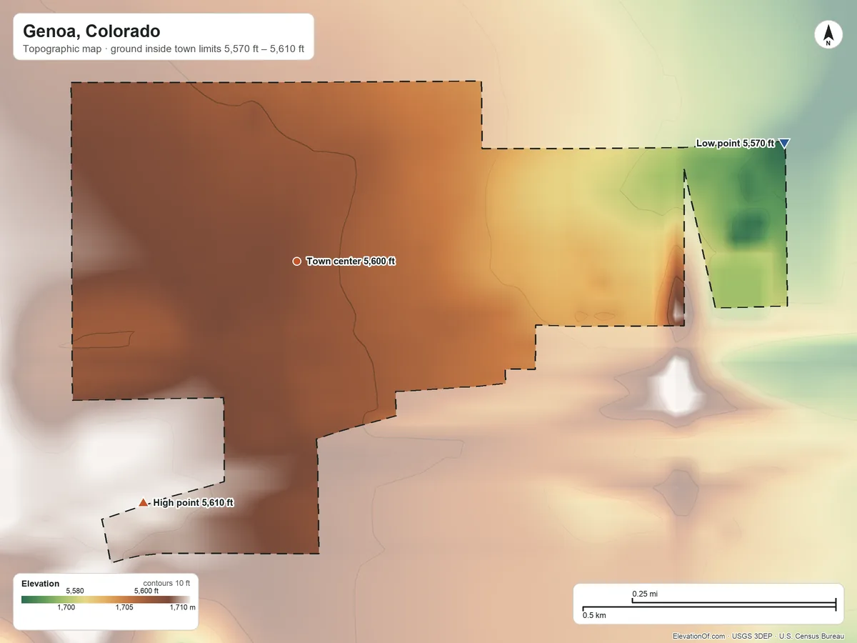 Topographic elevation map of Genoa, Colorado, shaded from 5,570 ft on the east side to 5,610 ft on the southwest side