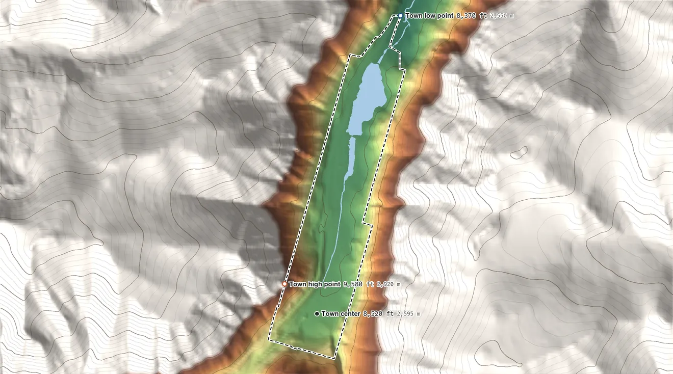 Topographic elevation map of Georgetown, Colorado, shaded from 8,370 ft on the north side to 9,580 ft at the foot of the Front Range