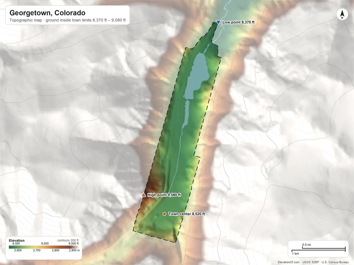Topographic elevation map of Georgetown, Colorado, shaded from 8,370 ft on the north side to 9,580 ft at the foot of the Front Range