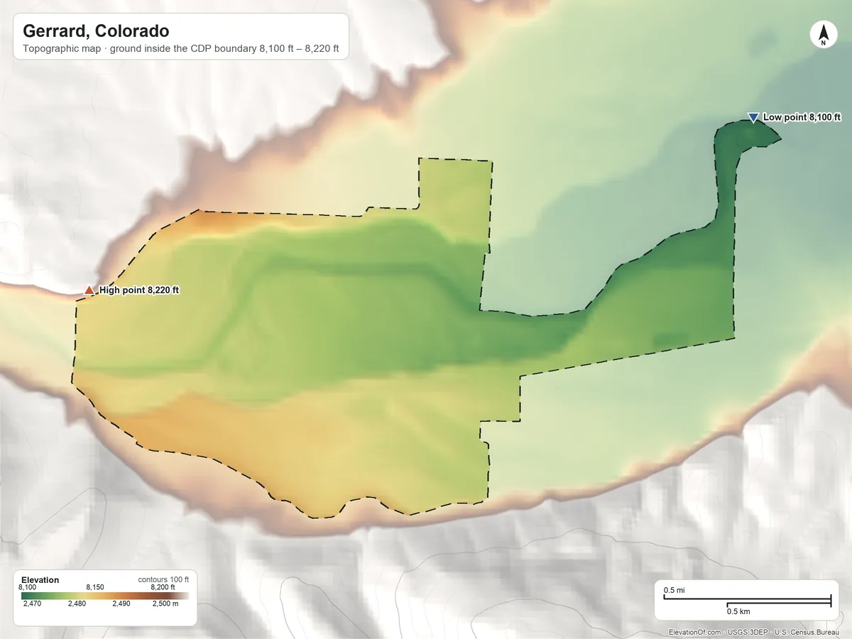 Topographic elevation map of Gerrard, Colorado, shaded from 8,100 ft on the northeast side to 8,220 ft on the west edge, below higher ground just outside