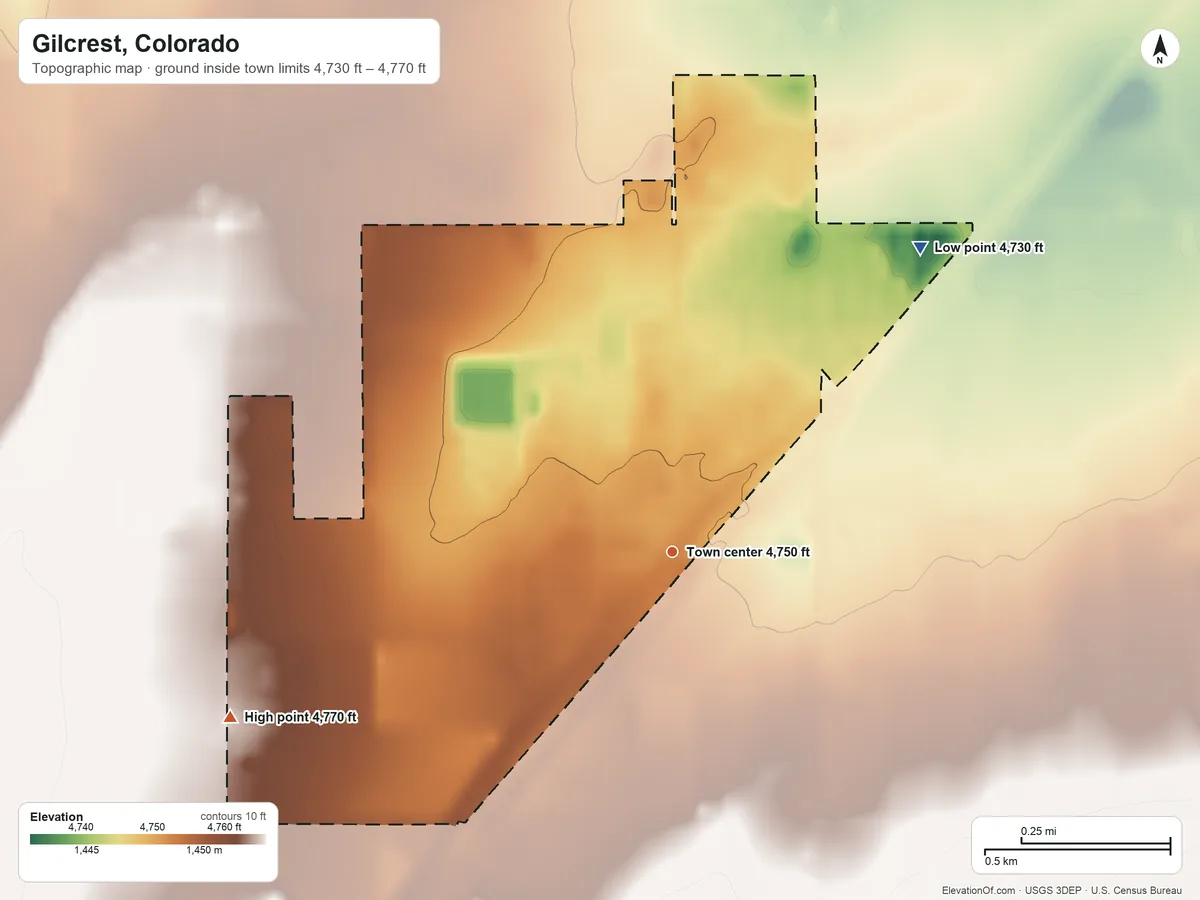 Topographic elevation map of Gilcrest, Colorado, shaded from 4,730 ft on the northeast side to 4,770 ft on the west side