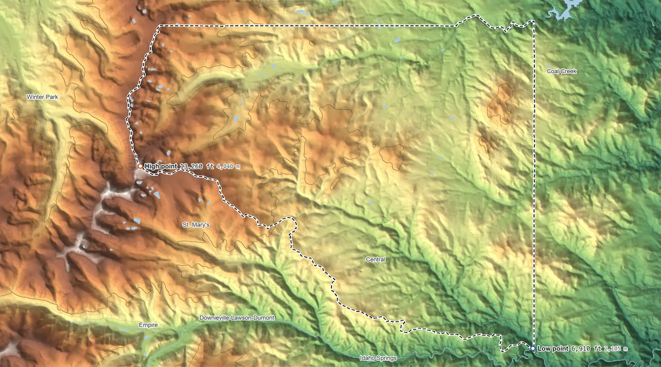 Topographic elevation map of Gilpin County, Colorado, shaded from 6,910 ft on the southeast side to 13,260 ft on the west side