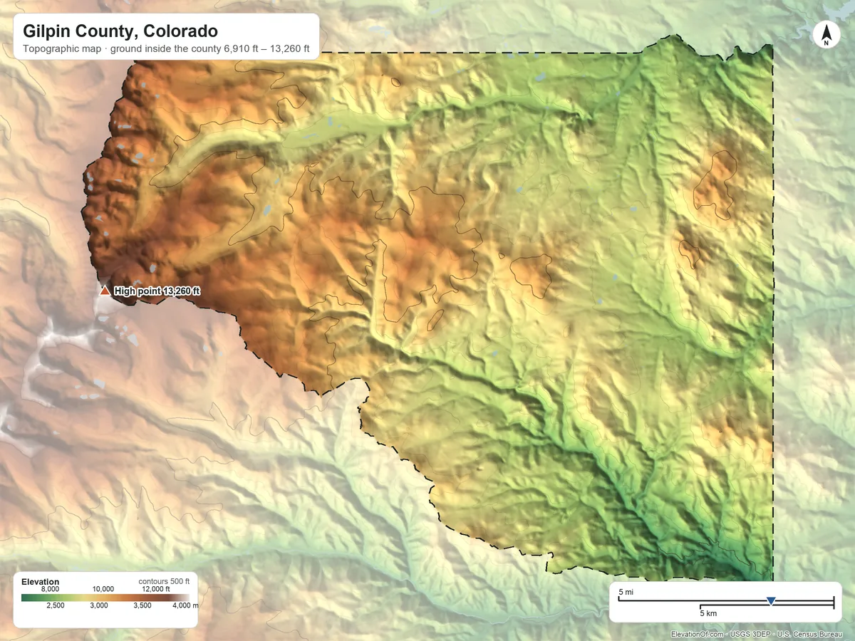Topographic elevation map of Gilpin County, Colorado, shaded from 6,910 ft on the southeast side to 13,260 ft on the west side
