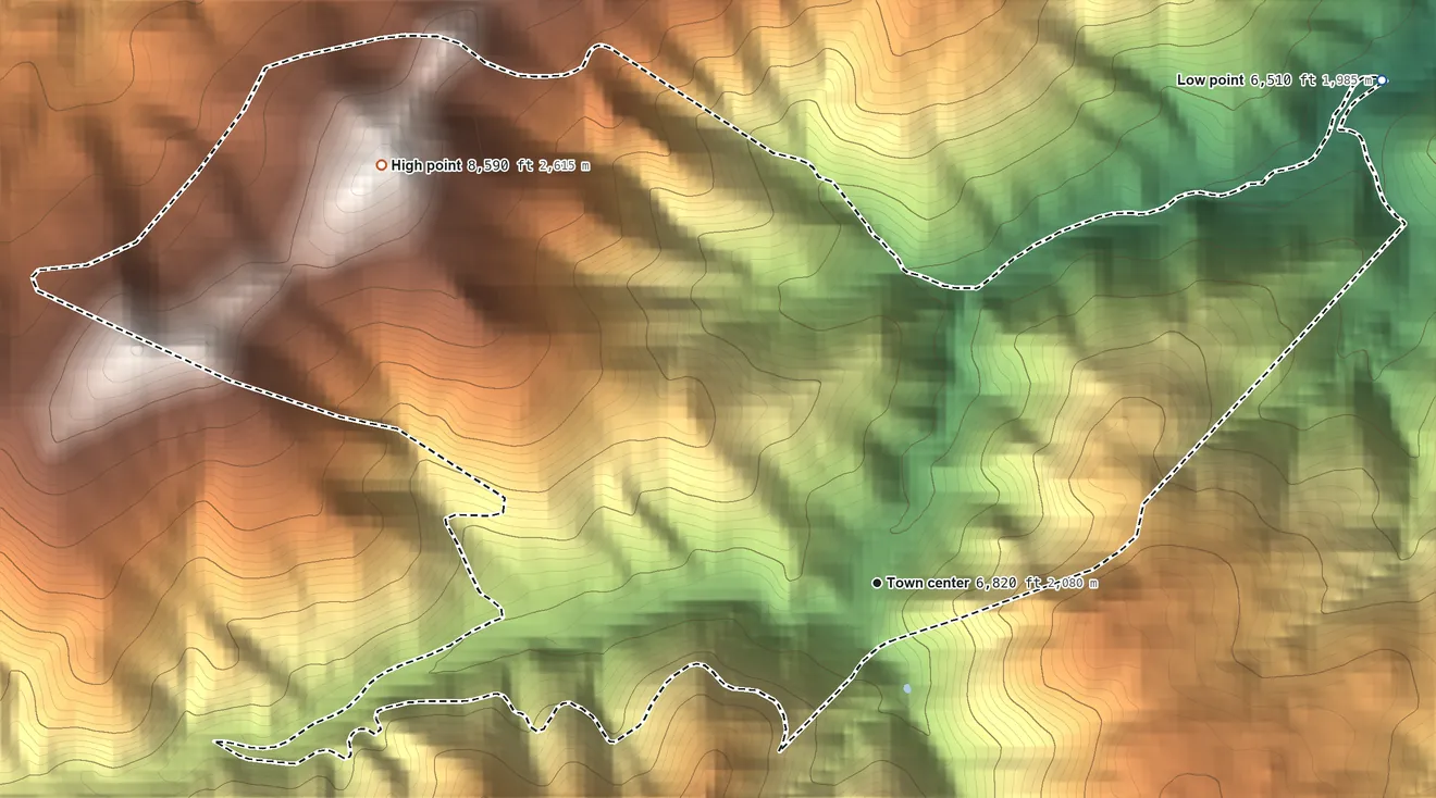 Topographic elevation map of Glendale, Boulder County, Colorado, shaded from 6,510 ft on the northeast side to 8,590 ft on Nugget Hill