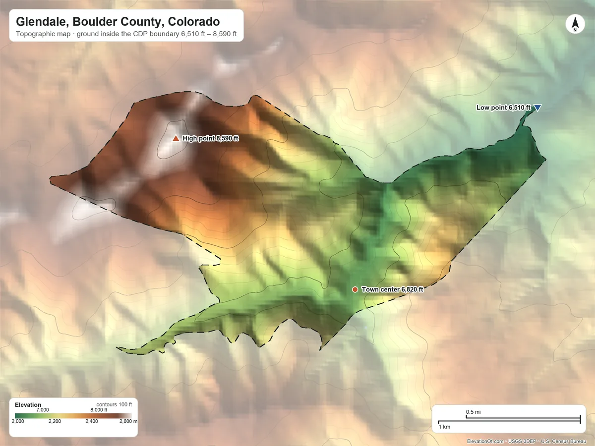 Topographic elevation map of Glendale, Boulder County, Colorado, shaded from 6,510 ft on the northeast side to 8,590 ft on Nugget Hill