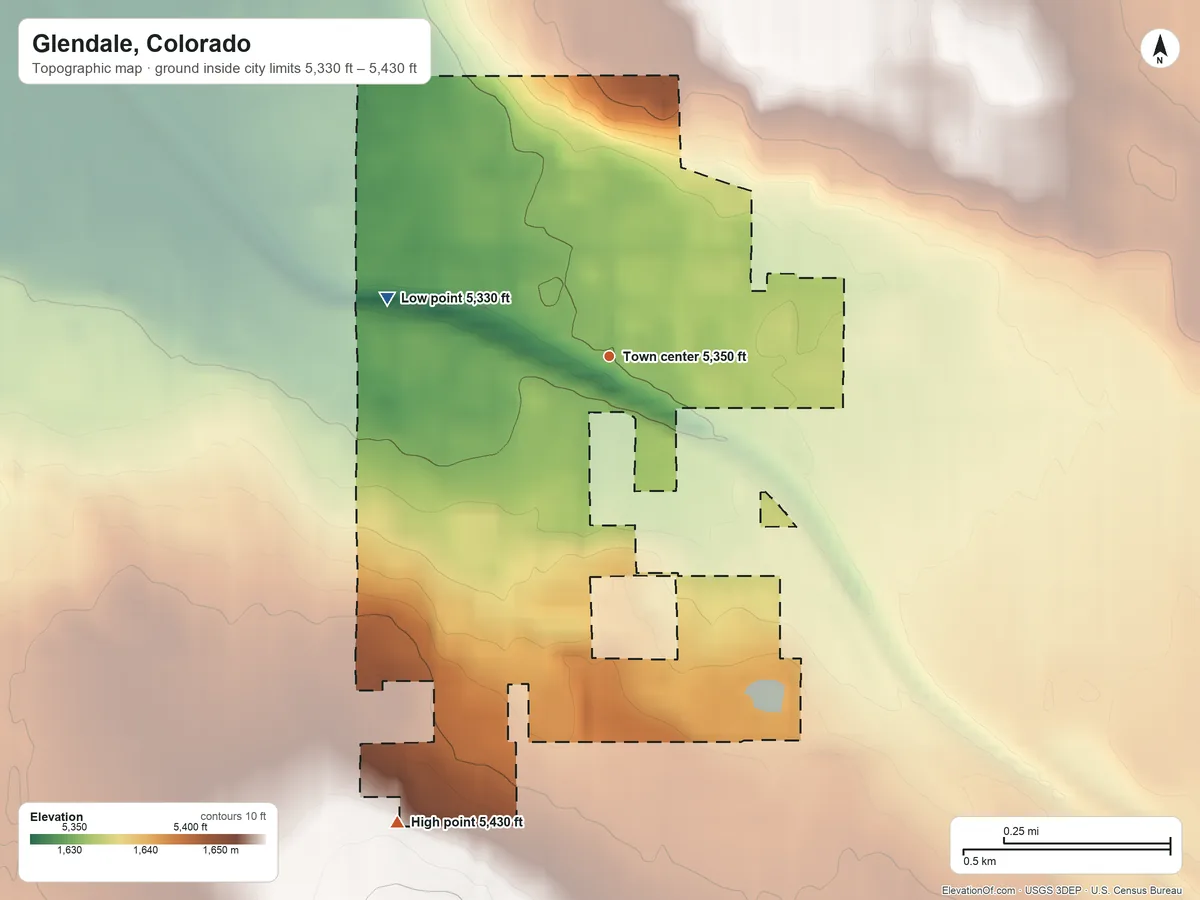 Topographic elevation map of Glendale, Colorado, shaded from 5,330 ft on the west side to 5,430 ft on the southwest side