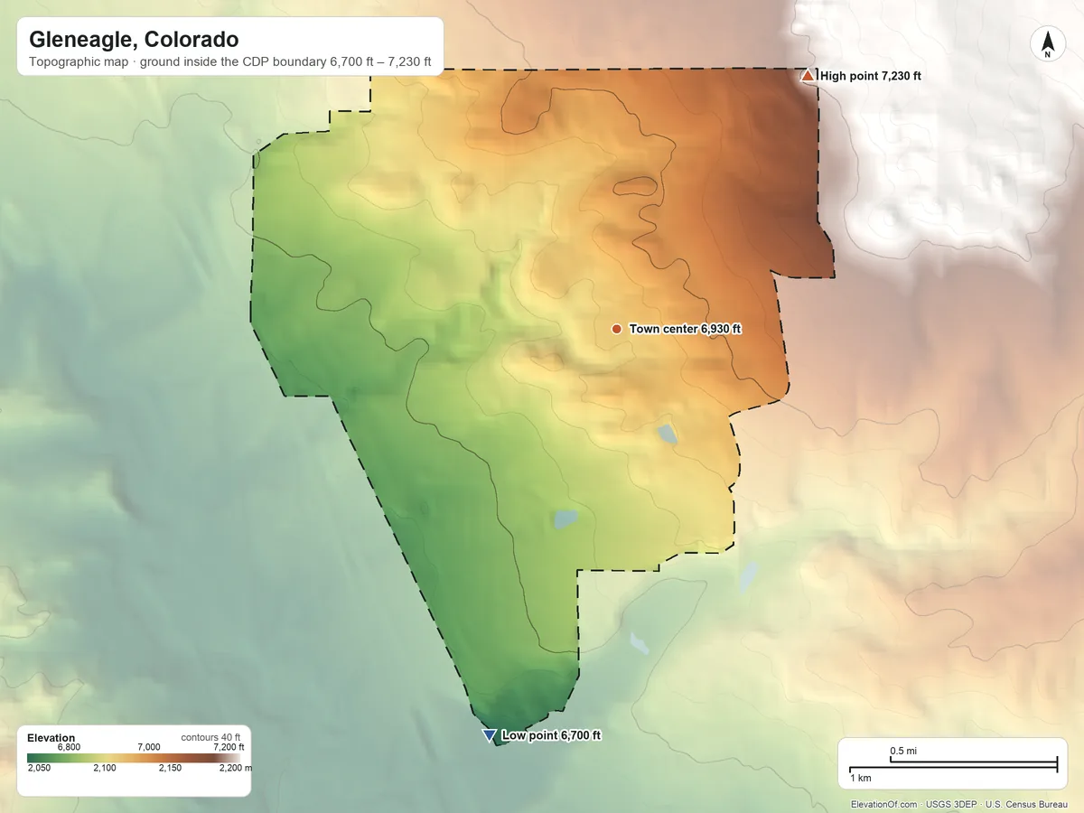 Topographic elevation map of Gleneagle, Colorado, shaded from 6,700 ft on the south side to 7,230 ft on the northeast edge, below higher ground just outside