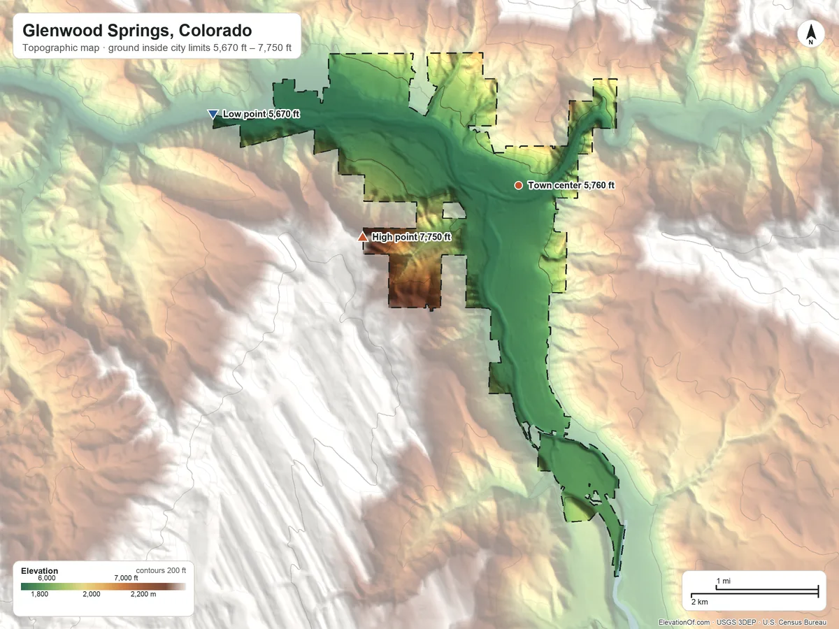 Topographic elevation map of Glenwood Springs, Colorado, shaded from 5,670 ft on the west side to 7,750 ft on the west edge, below higher ground just outside