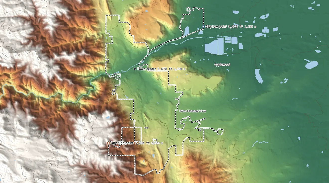 Topographic elevation map of Golden, Colorado, shaded from 5,570 ft on the northeast side to 7,290 ft on the south side
