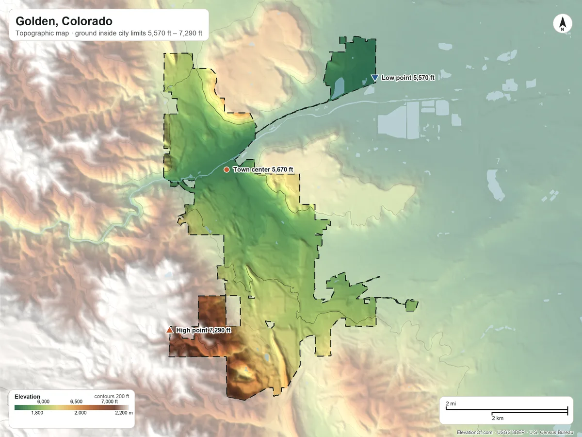 Topographic elevation map of Golden, Colorado, shaded from 5,570 ft on the northeast side to 7,290 ft on the south side