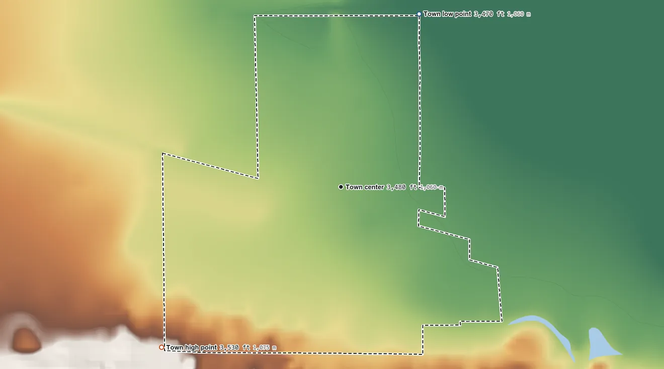 Topographic elevation map of Granada, Colorado, shaded from 3,470 ft on the northeast side to 3,530 ft on the southwest side