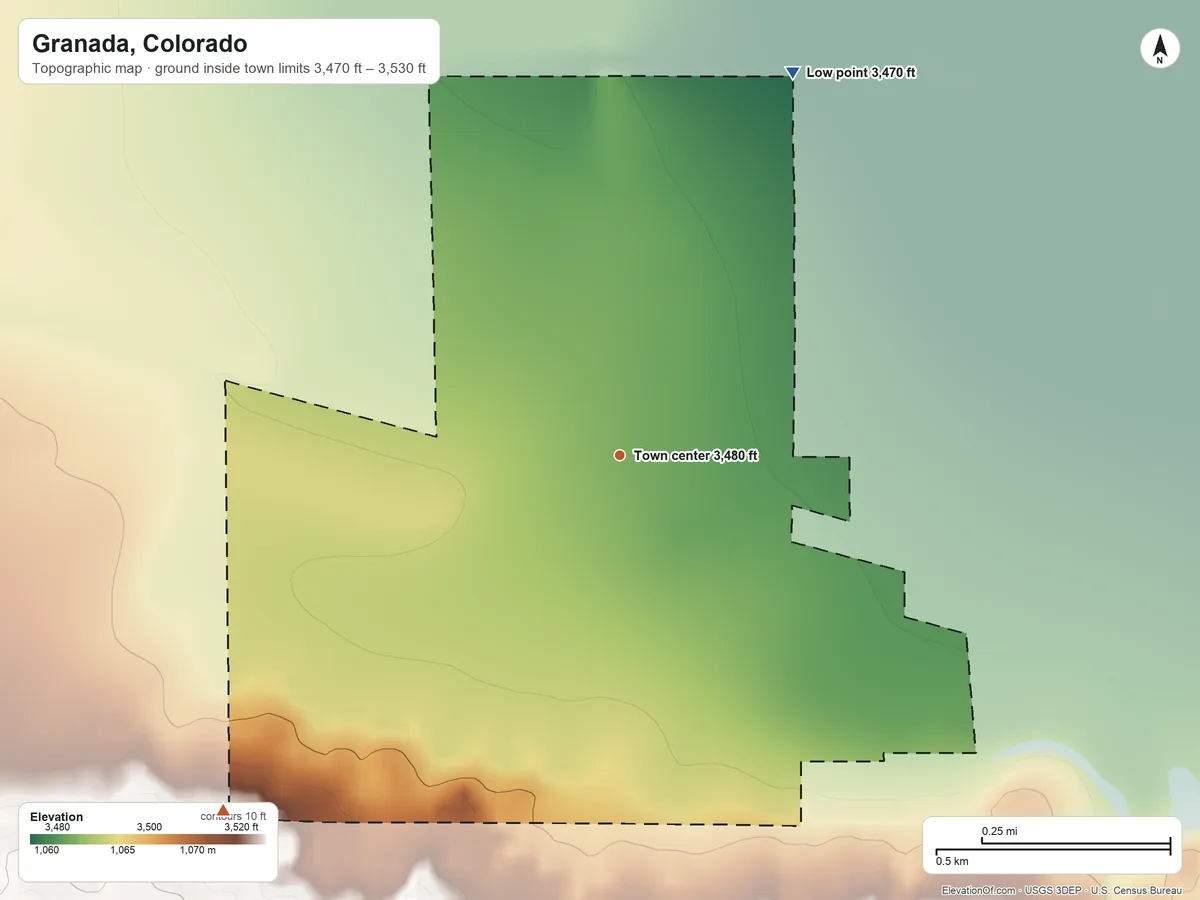 Topographic elevation map of Granada, Colorado, shaded from 3,470 ft on the northeast side to 3,530 ft on the southwest side