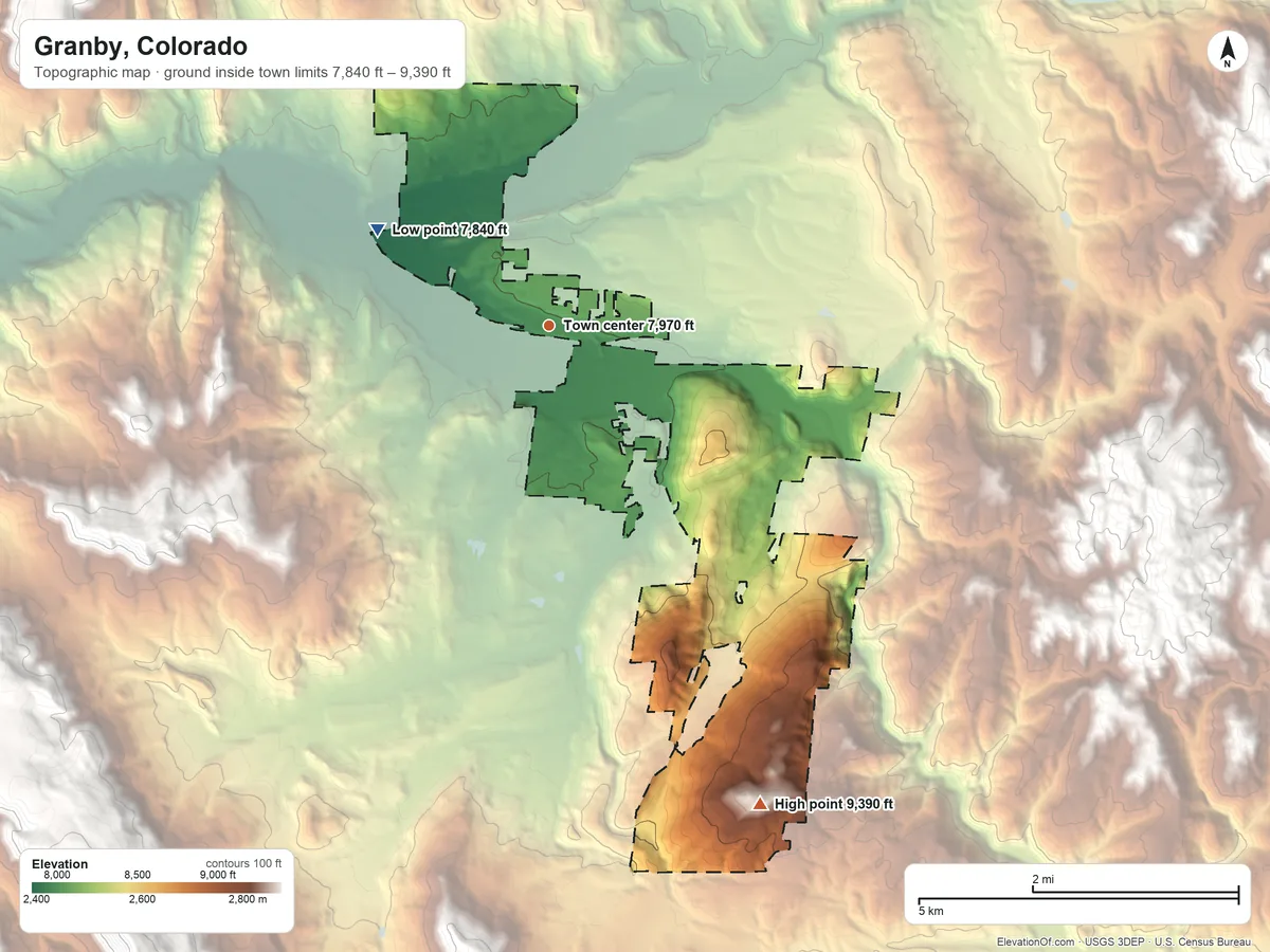 Topographic elevation map of Granby, Colorado, shaded from 7,840 ft on the northwest side to 9,390 ft on the southeast side