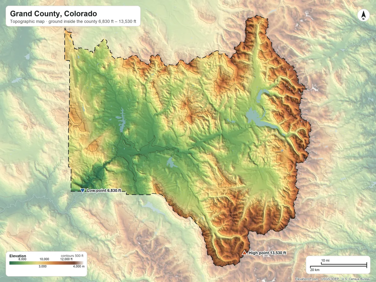 Topographic elevation map of Grand County, Colorado, shaded from 6,830 ft on the southwest side to 13,530 ft on Pettingell Peak
