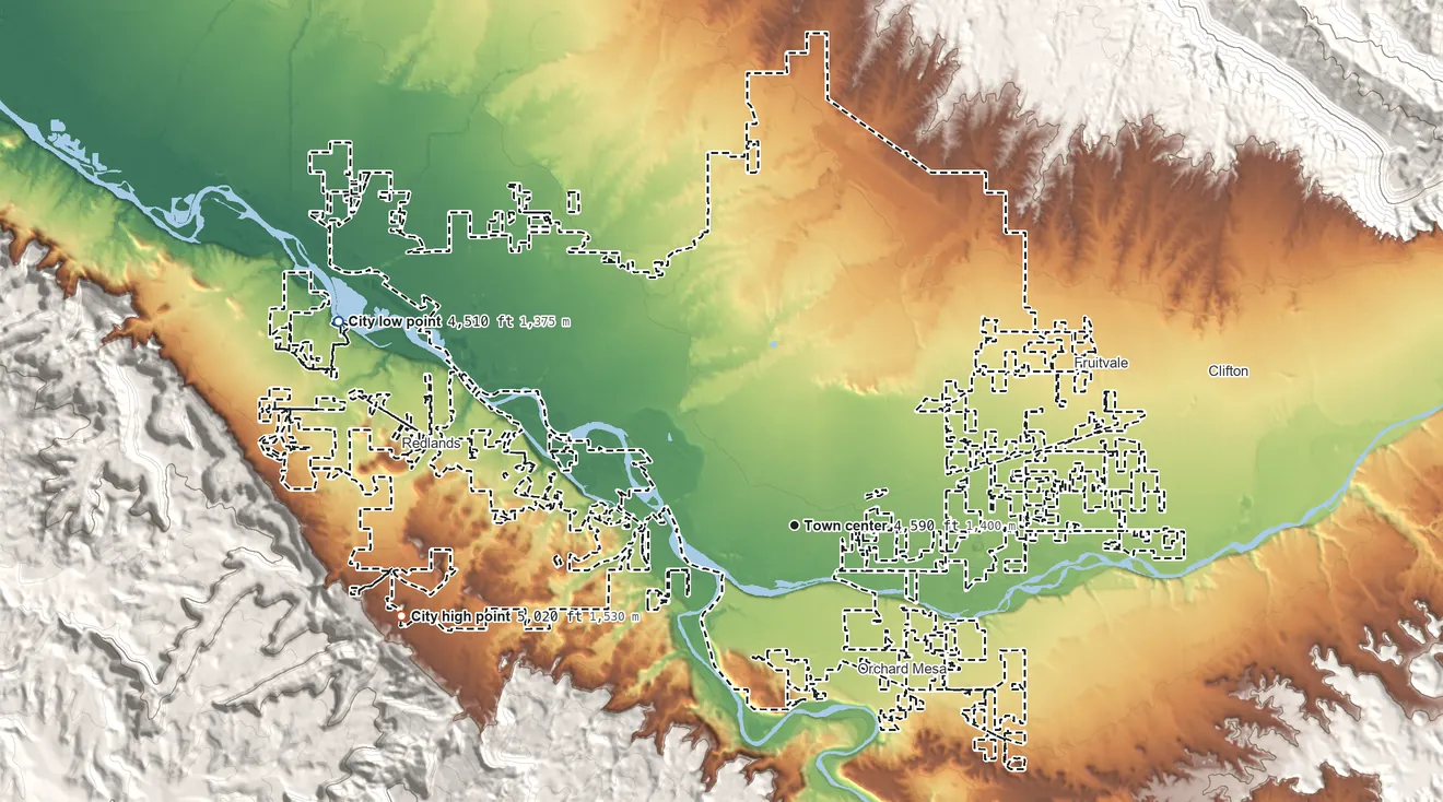 Topographic elevation map of Grand Junction, Colorado, shaded from 4,510 ft on the northwest side to 5,020 ft at the foot of the The Redlands
