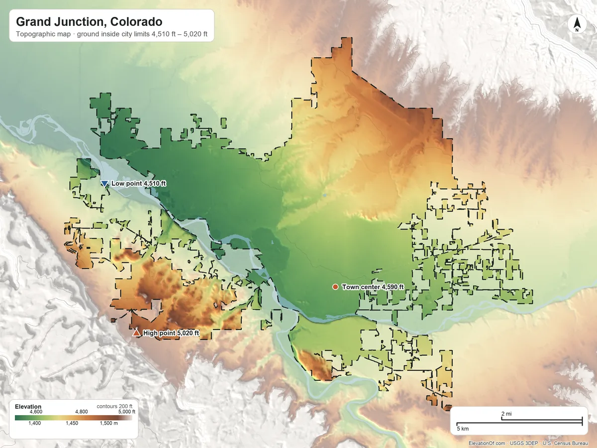 Topographic elevation map of Grand Junction, Colorado, shaded from 4,510 ft on the northwest side to 5,020 ft at the foot of the The Redlands