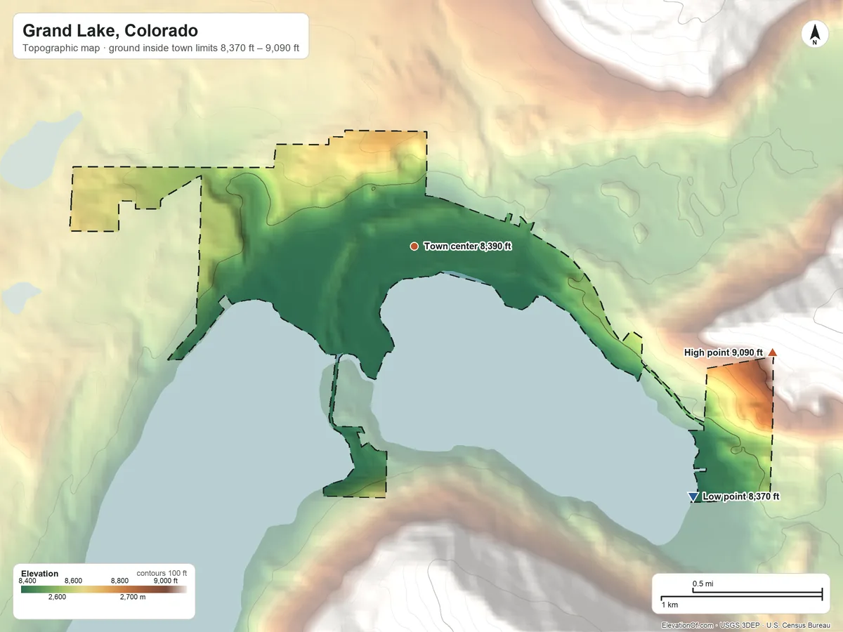 Topographic elevation map of Grand Lake, Colorado, shaded from 8,370 ft on the southeast side to 9,090 ft on the east edge, below higher ground just outside