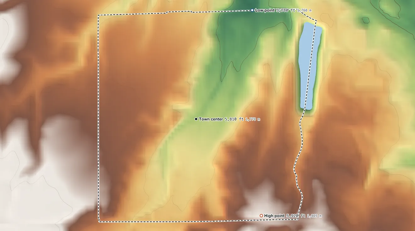 Topographic elevation map of Grand View Estates, Colorado, shaded from 5,780 ft on the northeast side to 5,920 ft on the southeast side