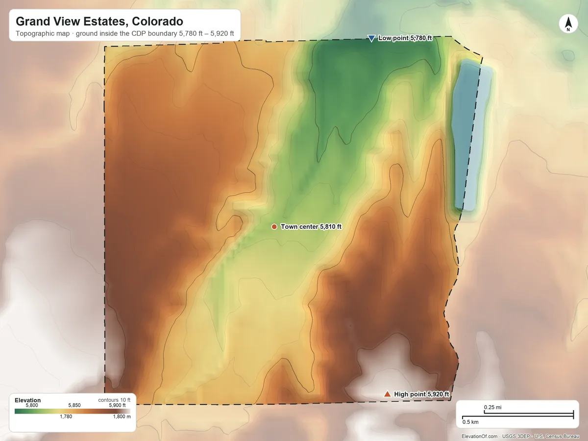 Topographic elevation map of Grand View Estates, Colorado, shaded from 5,780 ft on the northeast side to 5,920 ft on the southeast side