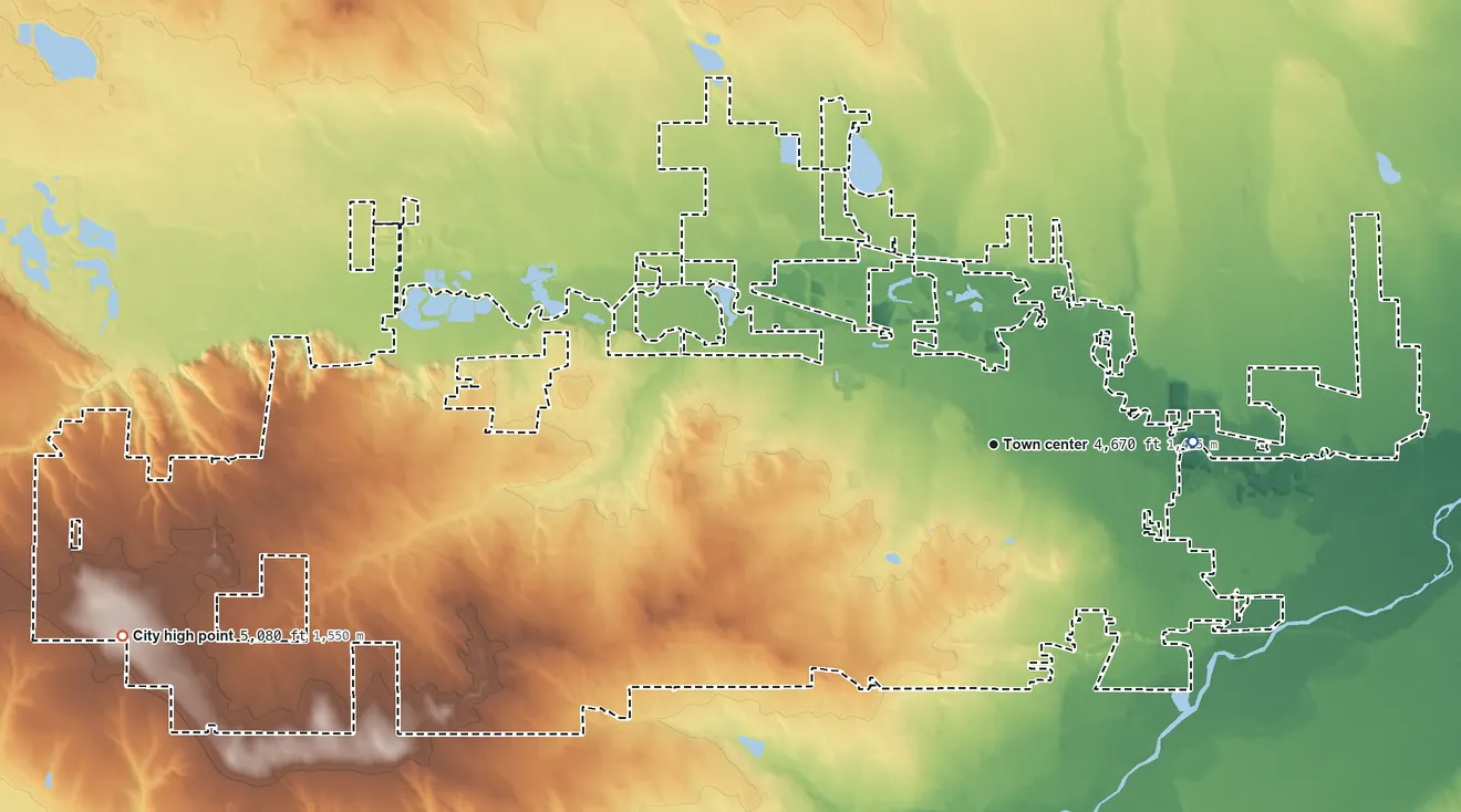 Topographic elevation map of Greeley, Colorado, shaded from 4,600 ft on the east side to 5,080 ft on the west side