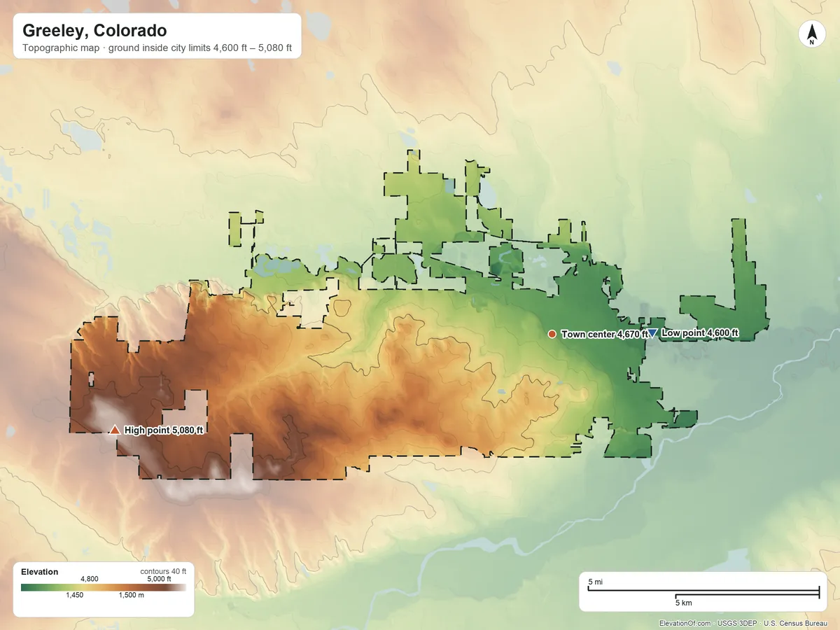 Topographic elevation map of Greeley, Colorado, shaded from 4,600 ft on the east side to 5,080 ft on the west side