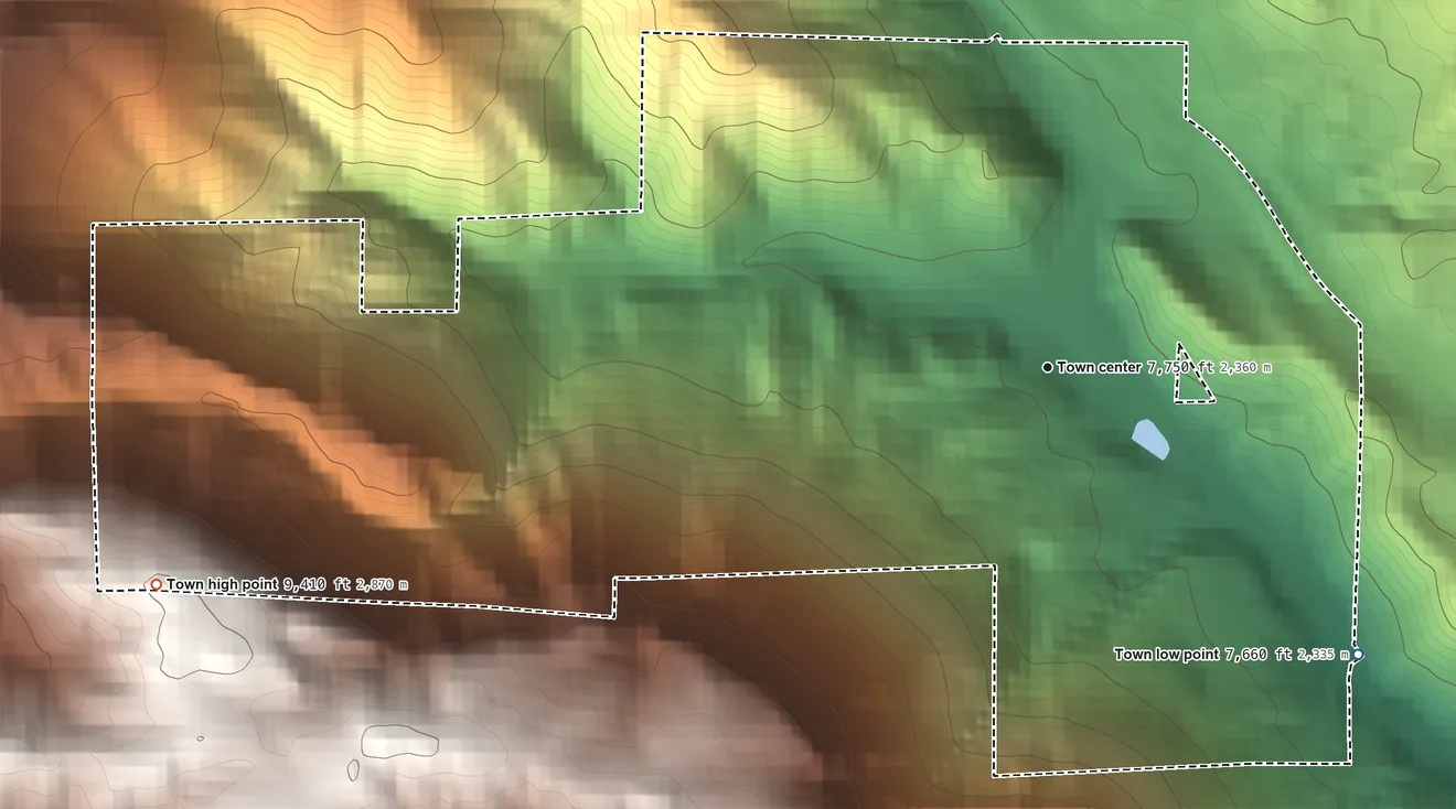 Topographic elevation map of Green Mountain Falls, Colorado, shaded from 7,660 ft on the southeast side to 9,410 ft on the west side