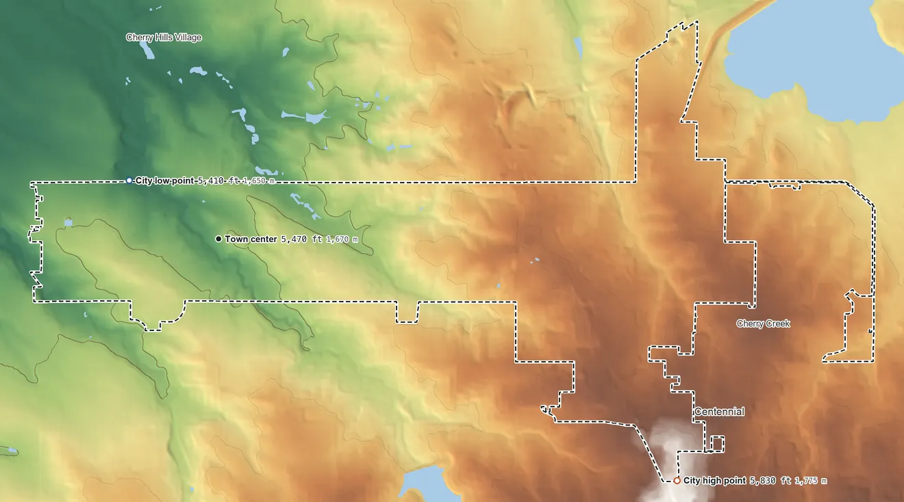 Topographic elevation map of Greenwood Village, Colorado, shaded from 5,410 ft on the northwest side to 5,830 ft on the southeast side