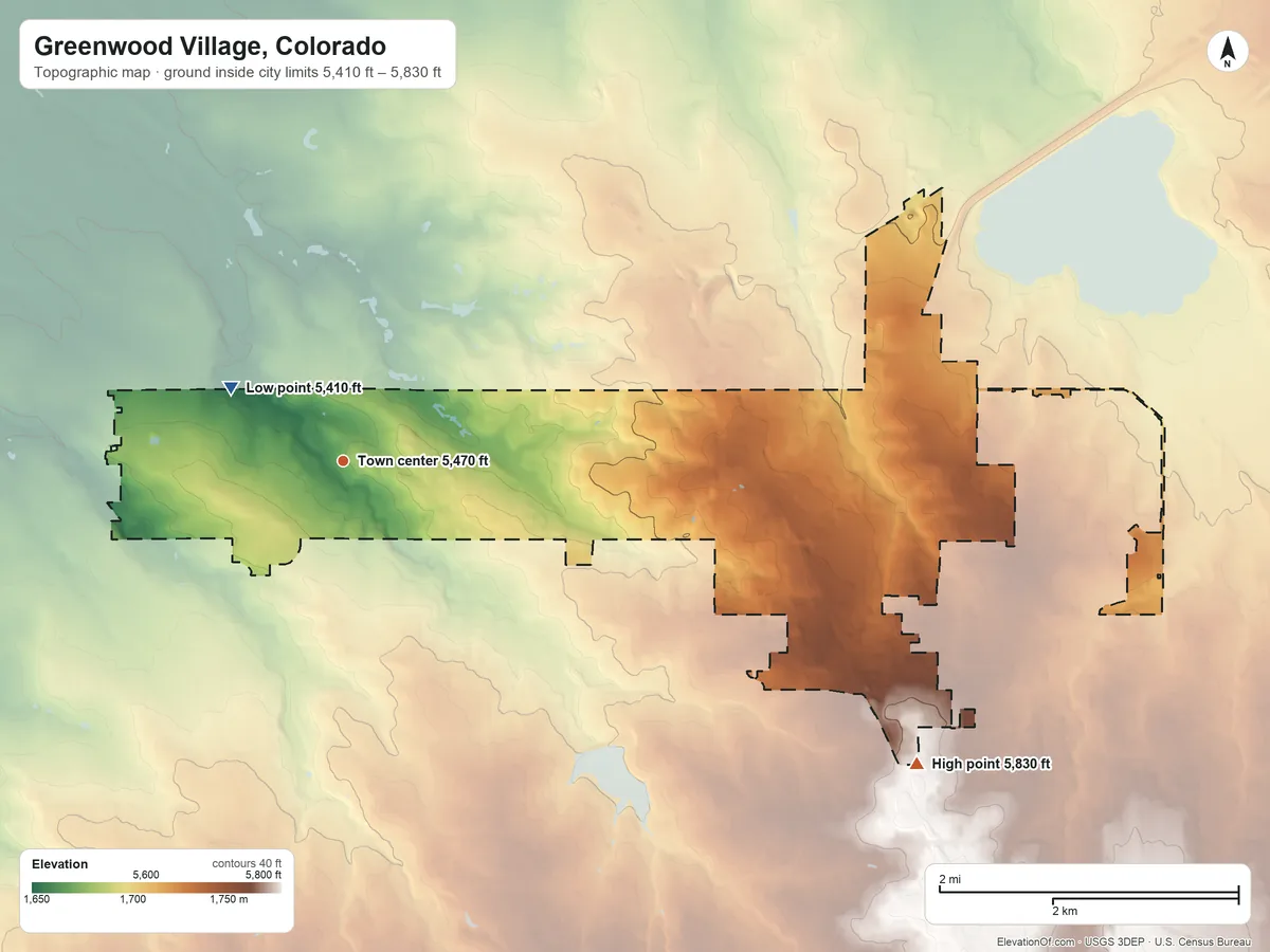 Topographic elevation map of Greenwood Village, Colorado, shaded from 5,410 ft on the northwest side to 5,830 ft on the southeast side