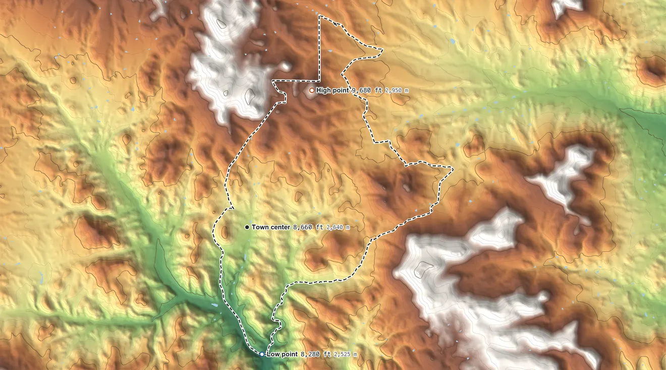 Topographic elevation map of Guffey, Colorado, shaded from 8,280 ft on the south side to 9,680 ft on the northeast edge, below higher ground just outside