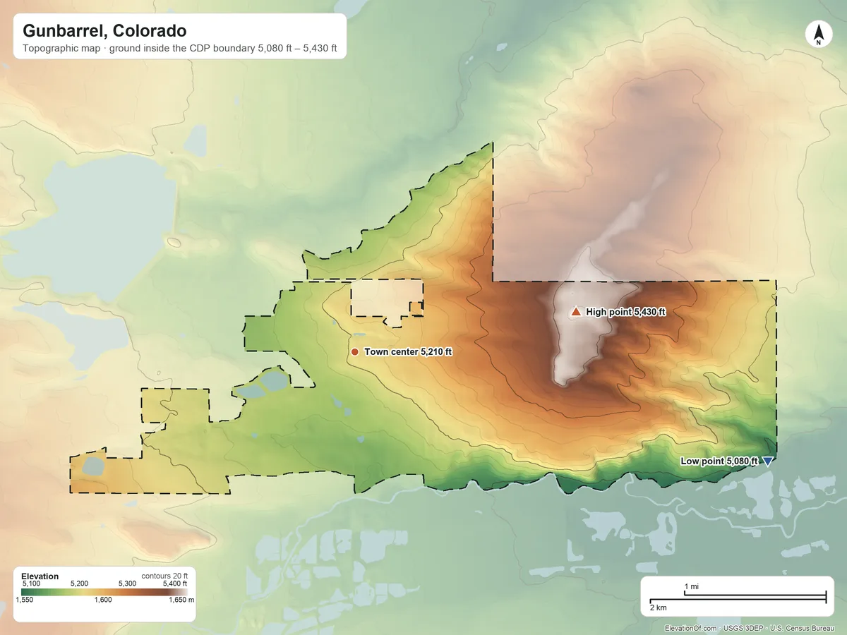 Topographic elevation map of Gunbarrel, Colorado, shaded from 5,080 ft on the east side to 5,430 ft on Gun Barrel Hill