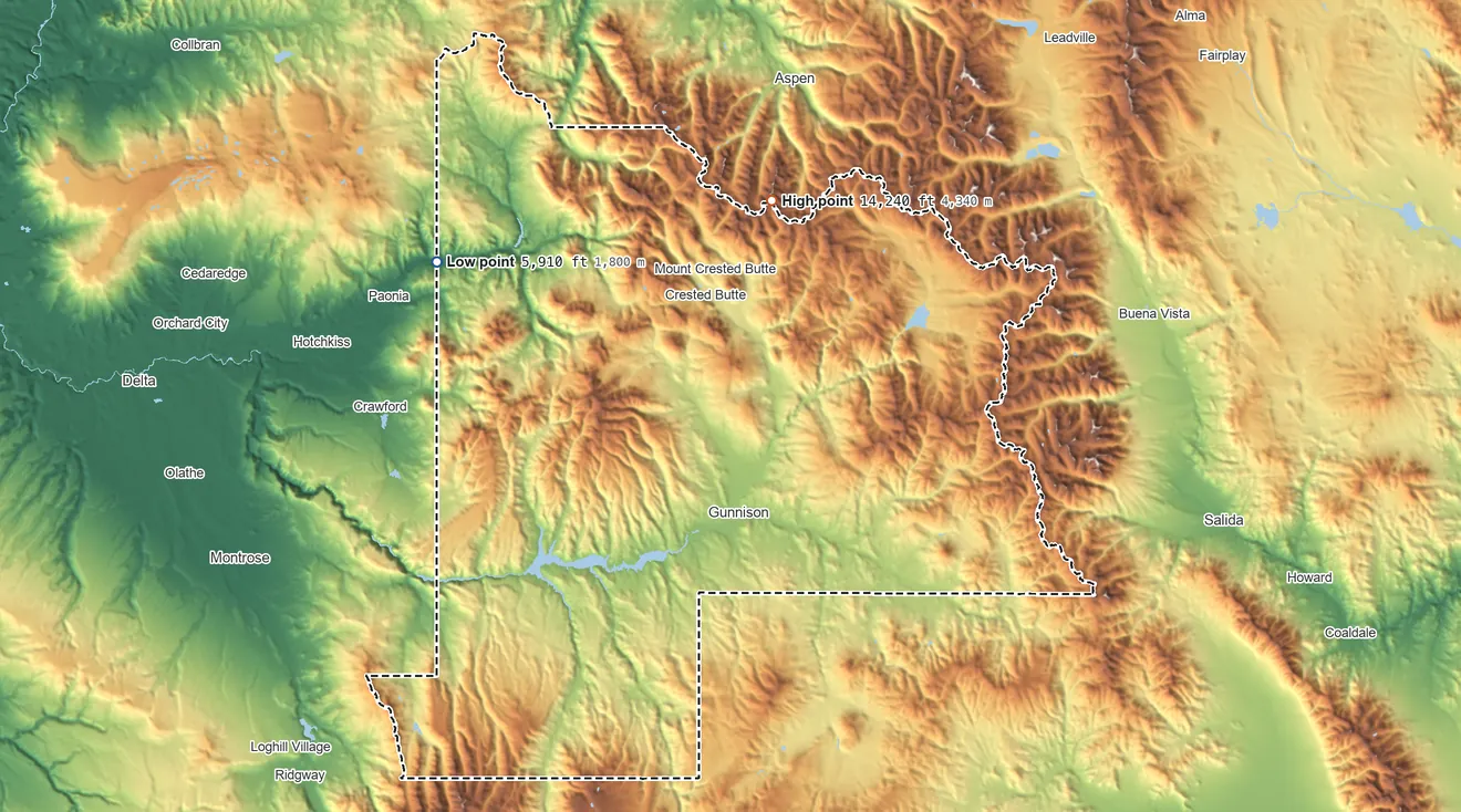 Topographic elevation map of Gunnison County, Colorado, shaded from 5,910 ft on the northwest side to 14,240 ft on Castle Peak