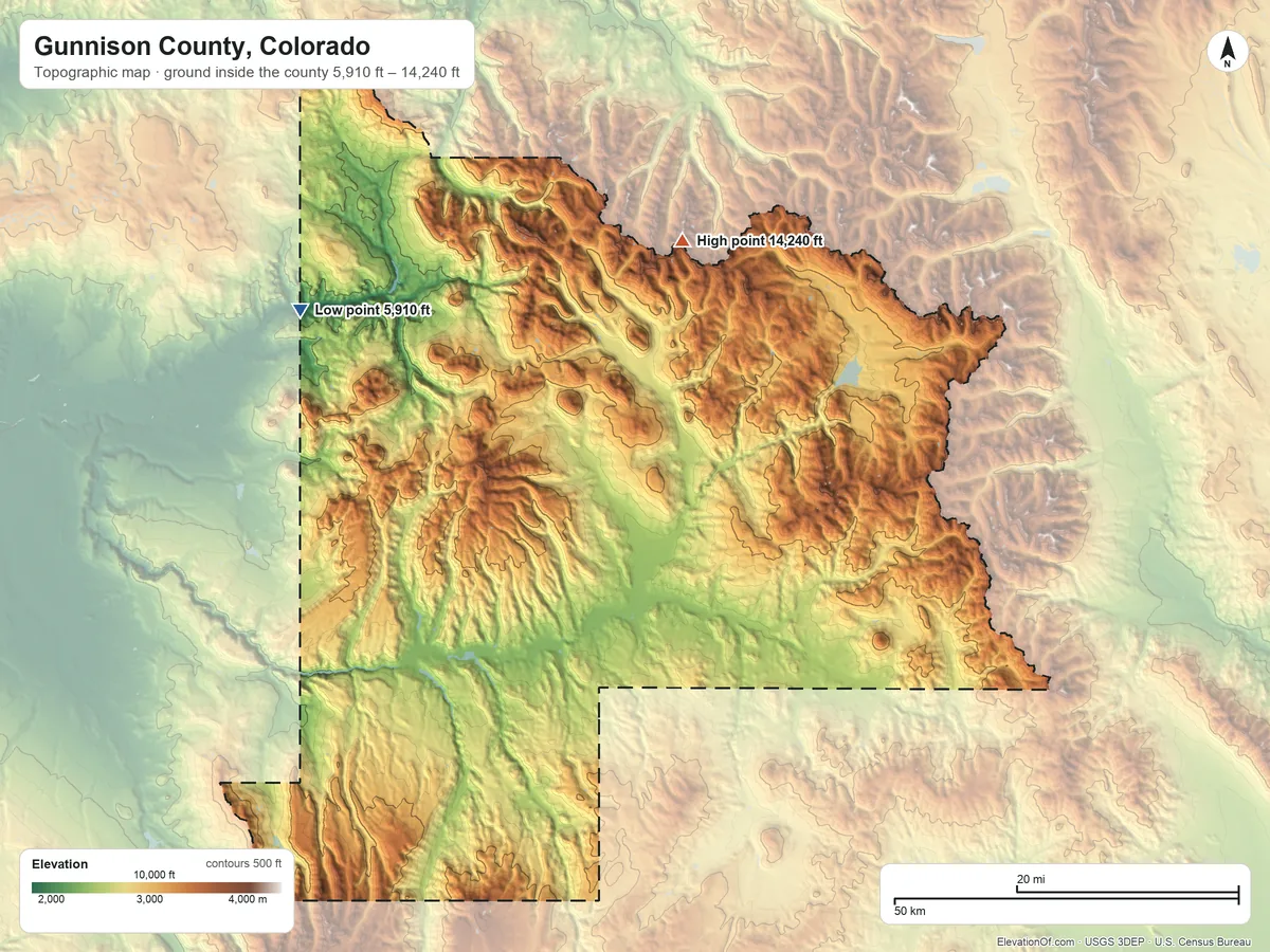 Topographic elevation map of Gunnison County, Colorado, shaded from 5,910 ft on the northwest side to 14,240 ft on Castle Peak