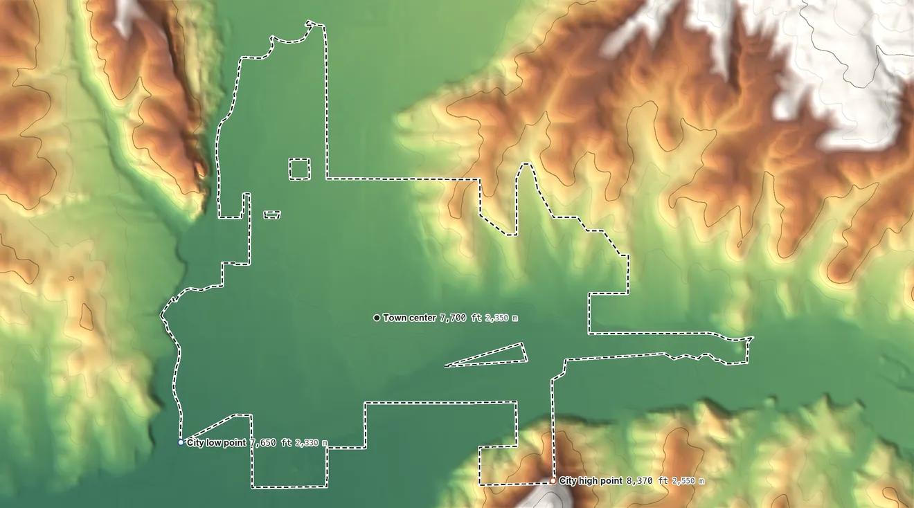 Topographic elevation map of Gunnison, Colorado, shaded from 7,650 ft on the southwest side to 8,370 ft on the southeast side
