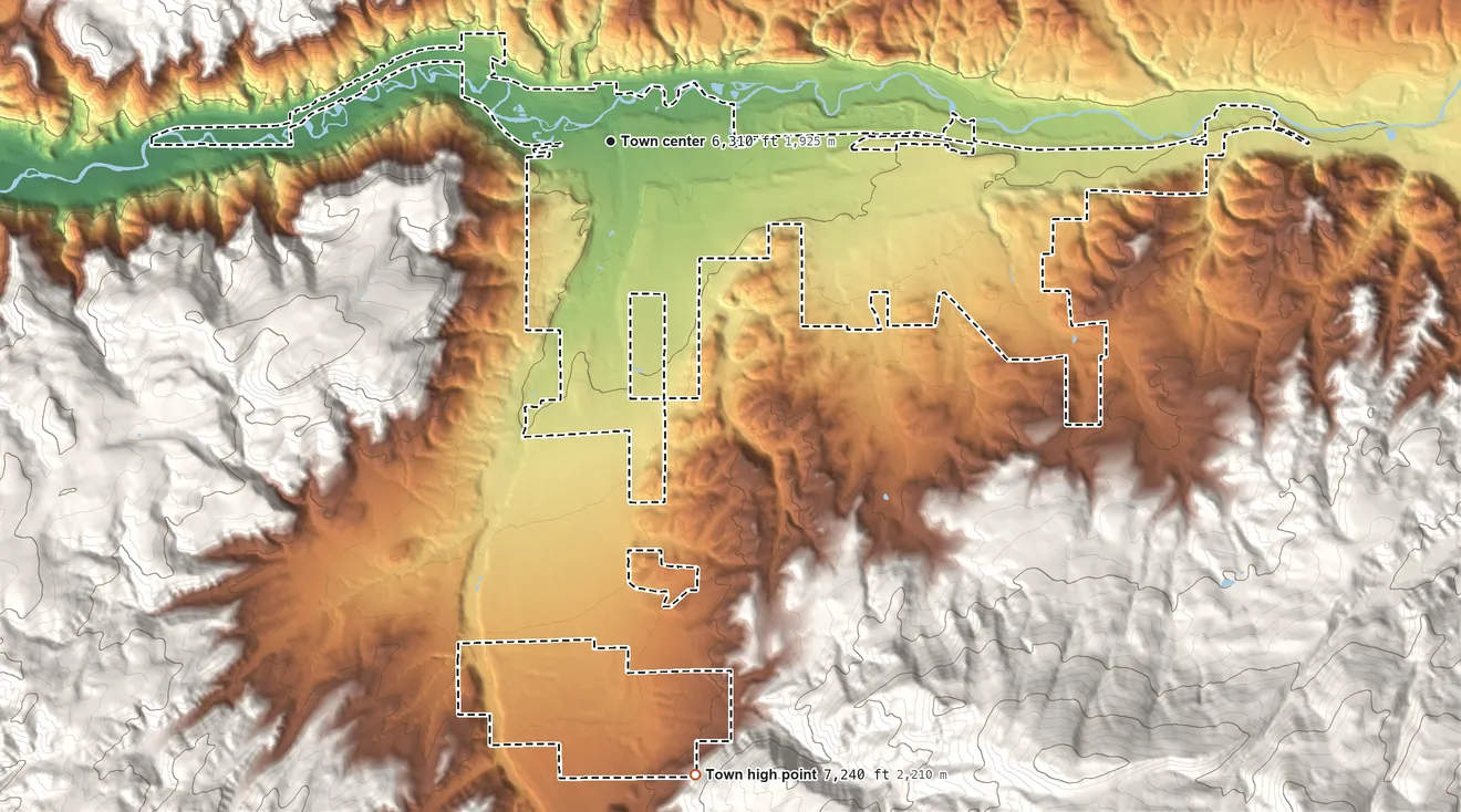 Topographic elevation map of Gypsum, Colorado, shaded from 6,140 ft on the west side to 7,240 ft on the south edge, below higher ground just outside