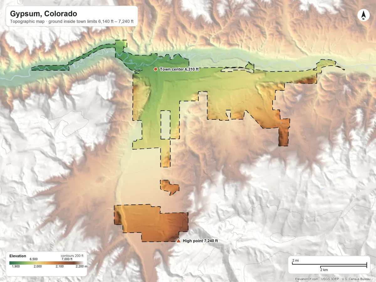 Topographic elevation map of Gypsum, Colorado, shaded from 6,140 ft on the west side to 7,240 ft on the south edge, below higher ground just outside